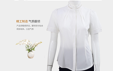 北京白色立領珠花木耳邊雪紡女士短袖襯衫